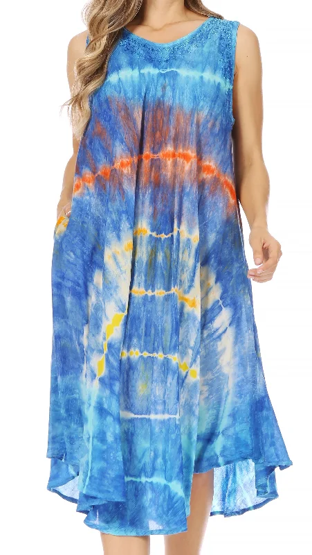 Fashion Elements Sakkas Nora Sleeveless Embroidered Short Tie Dye Caftan Dress / Cover Up Fashion Elements Sakkas Nora Sleeveless Embroidered Short Tie Dye Caftan Dress / Cover Up