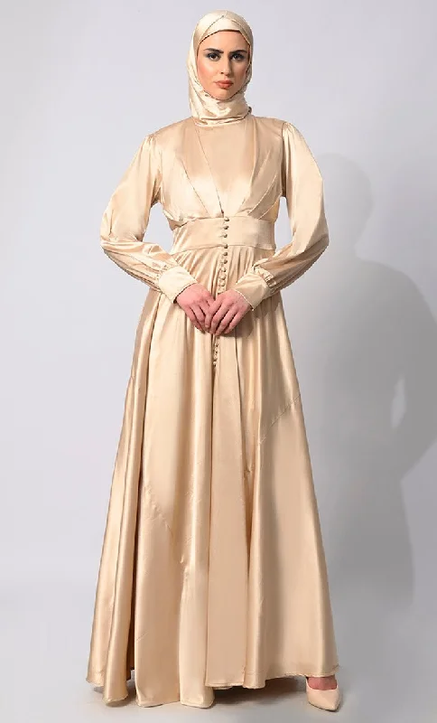 Comfortable And Cold-proof Contemporary Couture: Golden Satin Flared Abaya with front Pleating and show Buttons Comfortable And Cold-proof Contemporary Couture: Golden Satin Flared Abaya with front Pleating and show Buttons