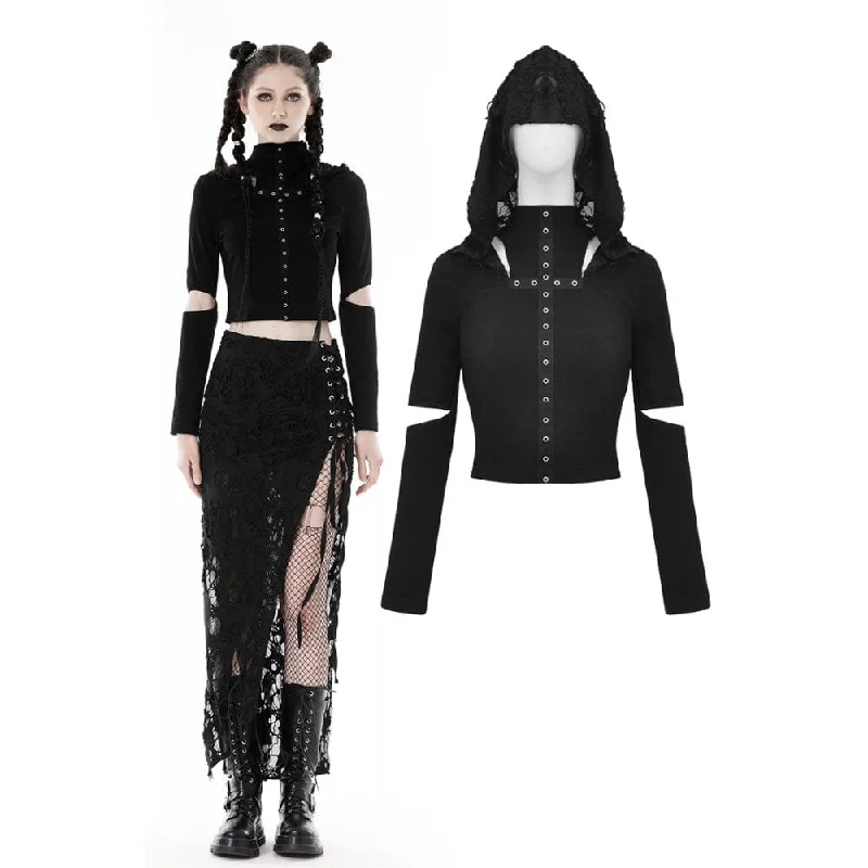 Cozy Outerwear Women's Punk Cutout Eyelet Crop Top with Ripped Hood