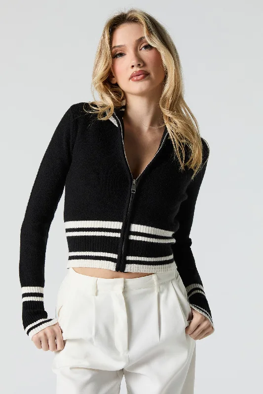 Elegant Style Contrast Striped Knit Zip-Up Sweater