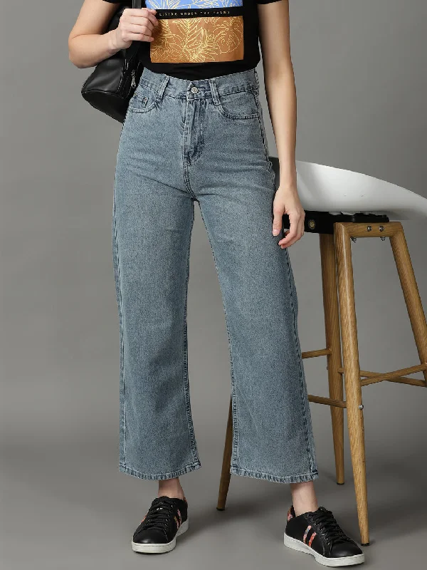 Fashion Touch Women's Blue Solid Wide Leg Denim Jeans