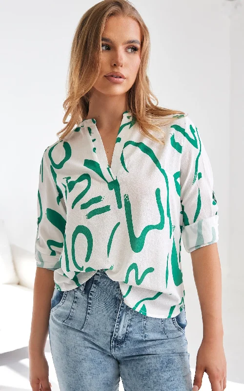 Multifunctional Style Tapioca Top - White Green Print