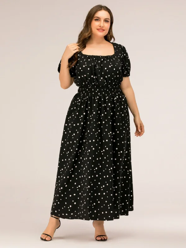 Luxury And Elegant Plus Size Polka Dot Square Neck Dress
