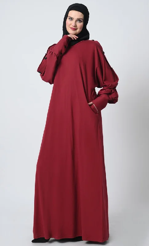 Integrated Design Batwing Sleeve Abaya – Round Neck, Decorative Buttons, Straight Cut