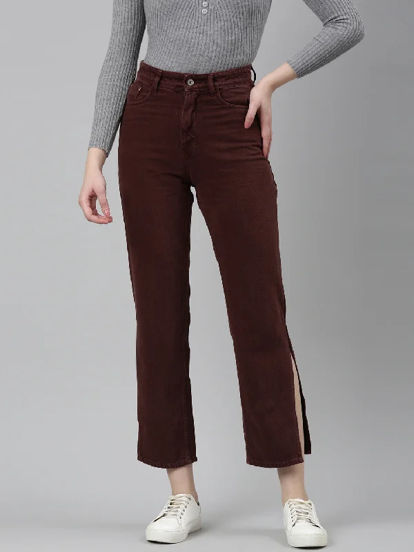 Luxury Customization Women Burgundy Solid Regular Fit Denim Jeans