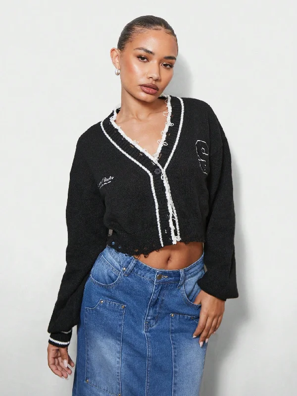Fashion Classic SUMWON WOMEN Crop Fit Color Block Distress Button Through Cardigan