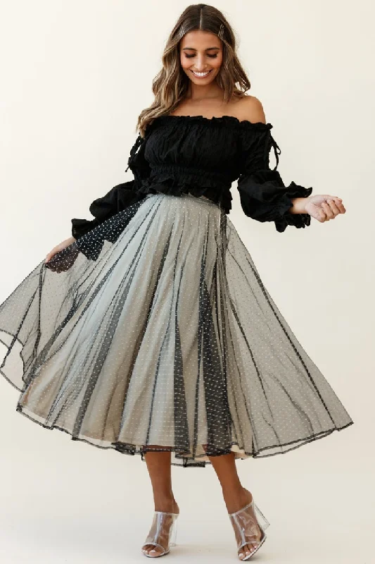 Elegant And Simple Jasmine Hail Spot Mesh Midi Skirt Black