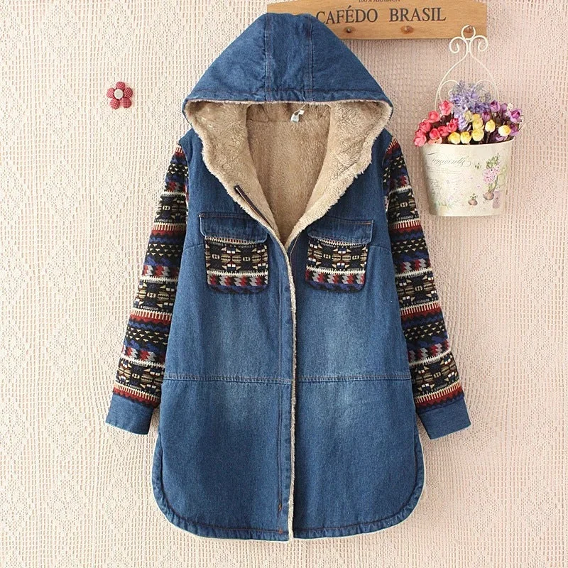 Energetic Retro Color-blocked Sleeve Printed Hooded Denim Cotton Coat