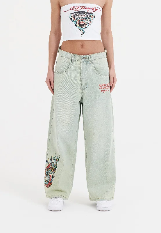 Tropical Style Womens Twisted Dragon Xtra Oversized Denim Trousers Jeans - Blue