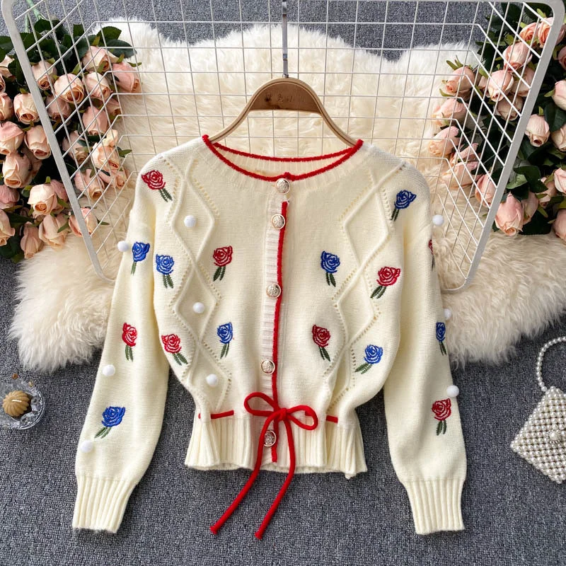 Sports Yoga Style Knit cardigan, vintage, embroider flower, loose long sleeve sweater, short paragraph spaghetti strap top, sweet two sets 1339