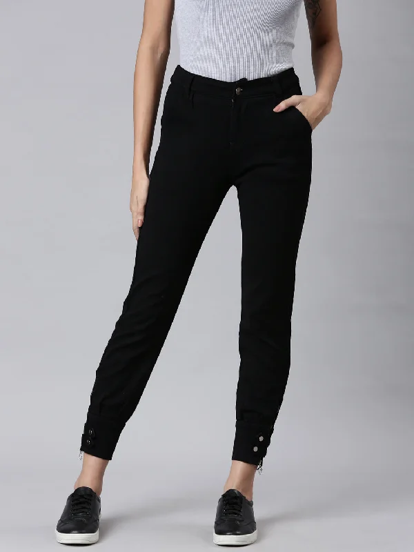 Street Fashion Women Black Solid Jogger Denim Jeans