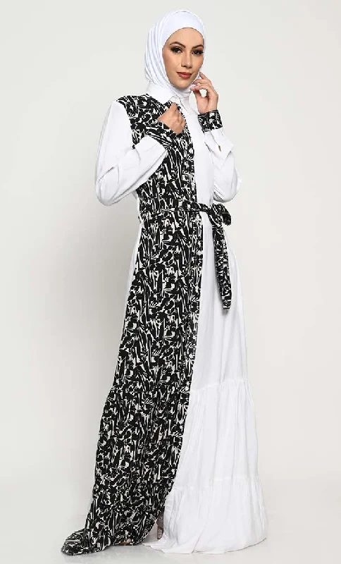 Modern Comfort Stylish Rayon Abaya with Printed Front Panel and Adjustable Belt