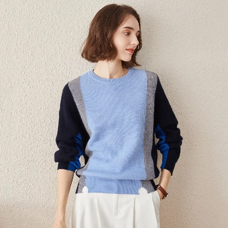 Ethnic Style 100% Cashmere Crew Neck Fish Scale Inlay Sweater