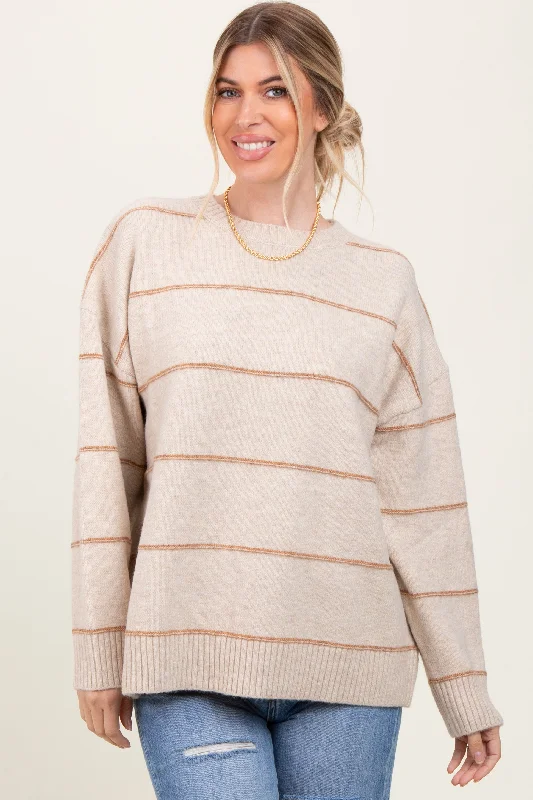 Romantic And Fresh Beige Striped Drop Shoulder Sweater