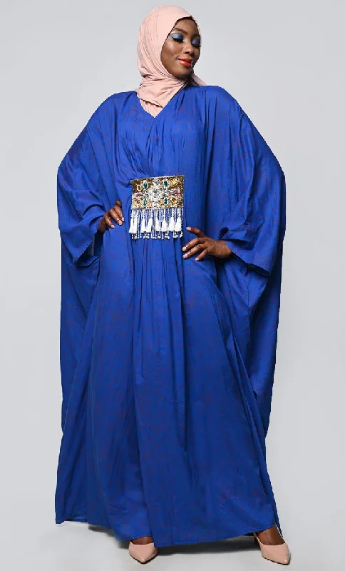 Summer Comfort Pretty Blue Printed Applique Work Detailing Full Flairy Kaftan