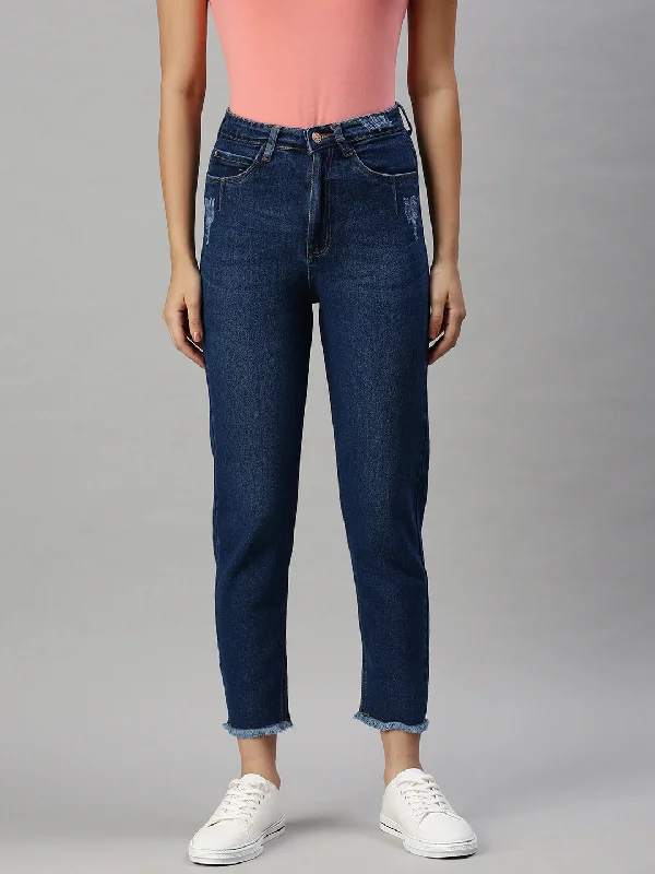 Cozy Look Women's Denim Mom Fit Navy Blue Jeans