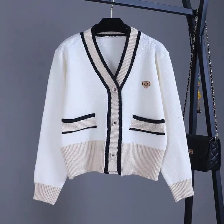 Unique Prints Contrast color cardigan, V-neck short sweater  1404