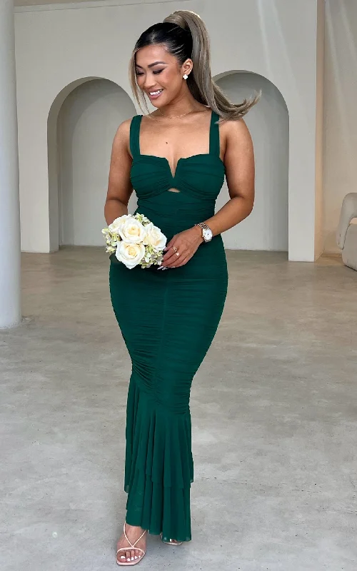Exquisite Details Highland Mesh Maxi Dress - Forest Green