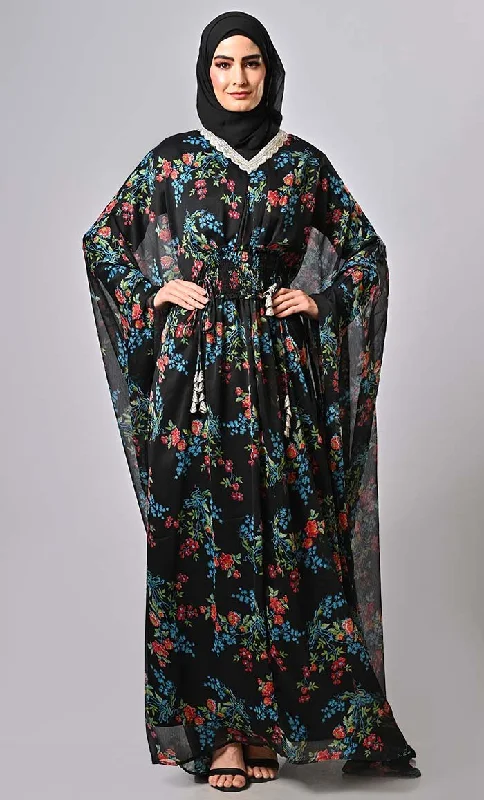 Street Fashion Style Versatile floral printed kaftan abaya with lining and tassels