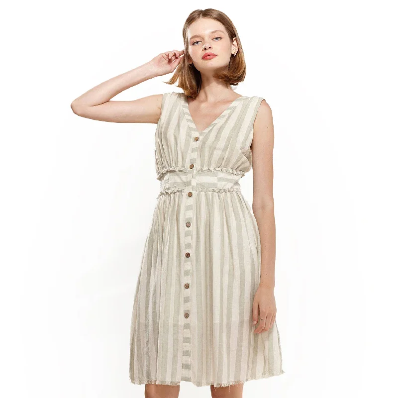 Retro Prints Women's Sleeveless Button Down Stripe Dress in Sage