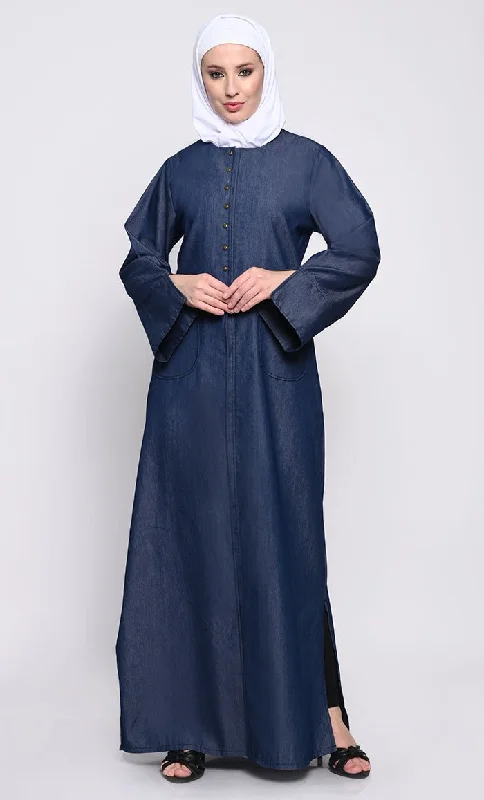 Comfortable Jackets Stylish Denim Fabric Abaya with Side Slits and Hook-Eye Button Detailing Comfortable Jackets Stylish Denim Fabric Abaya with Side Slits and Hook-Eye Button Detailing