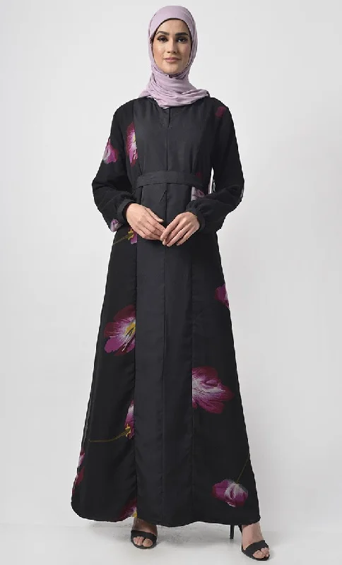 Noble And Elegant Front With Printed Panel Abaya With Pockets