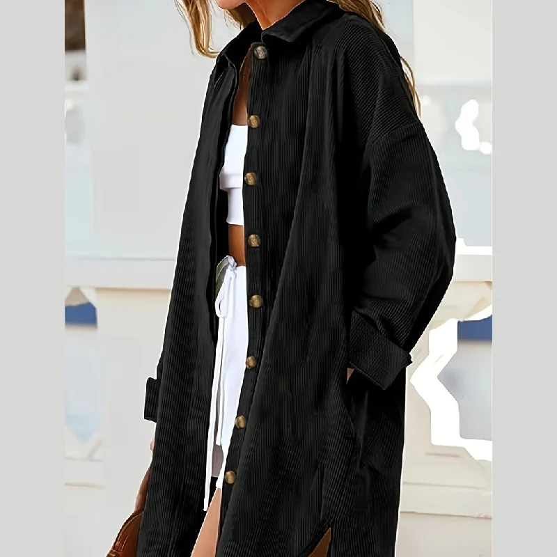 Fresh And Simple Lapel Long Sleeve Button Leisure Commute Corduroy Coat
