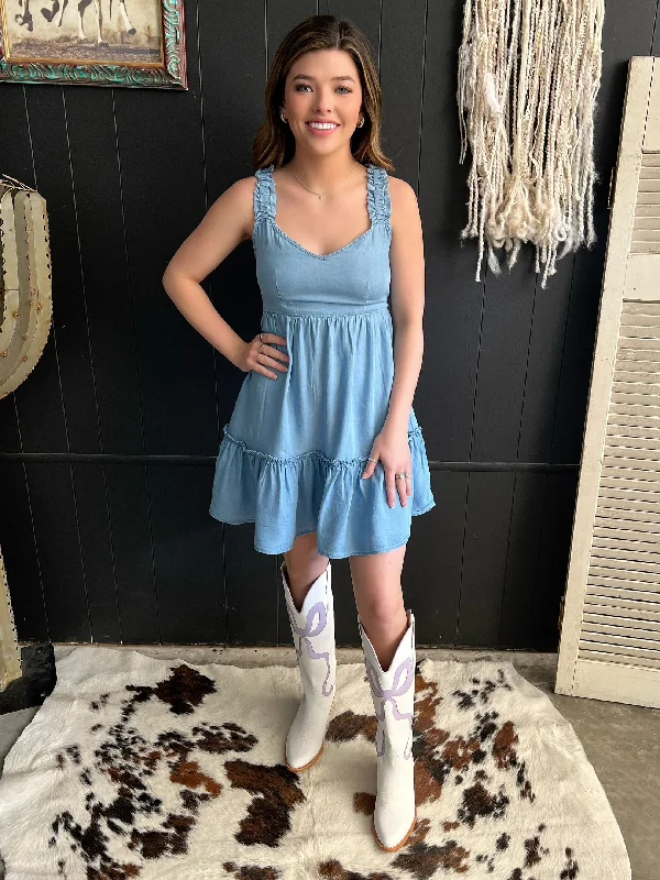 All-Day Comfort Chambray Denim Ruffle Mini Dress
