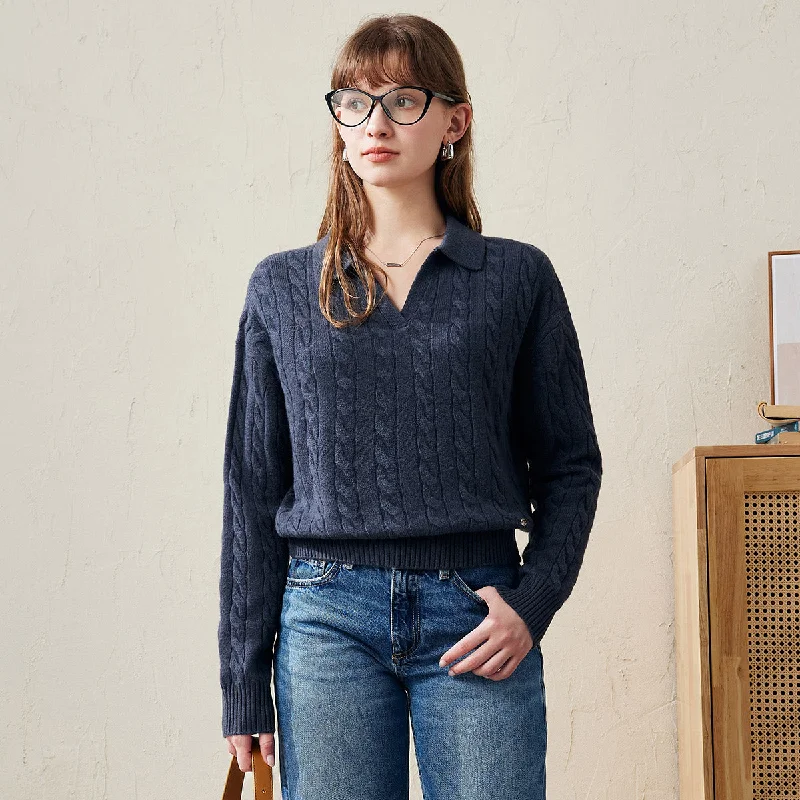 French Style 100% Wool Cable Knit V-Neck Collar Sweater