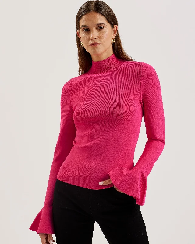 Personal Charm Laynha High Neck Knitted Frill Sleeve Top Fuchsia
