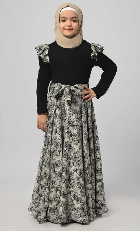 Personalized Wear Girl Modest Muslim Floral Printed Abaya With Loose Belt