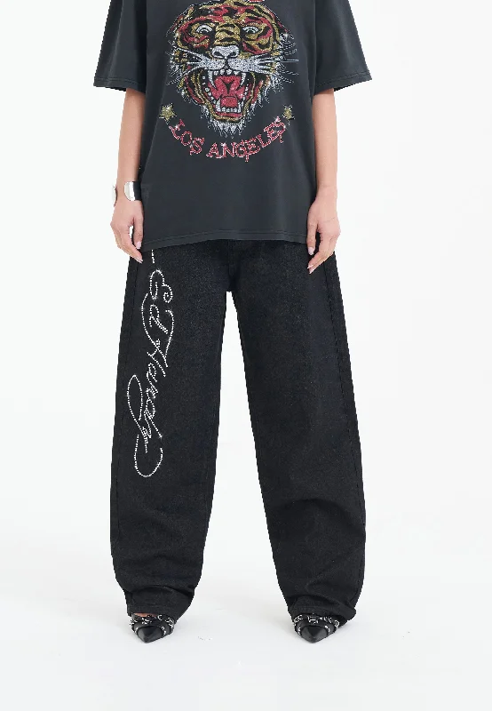 Fashion Selection Womens Crystal Roar Diamante Relaxed Denim Trousers Jeans - Black