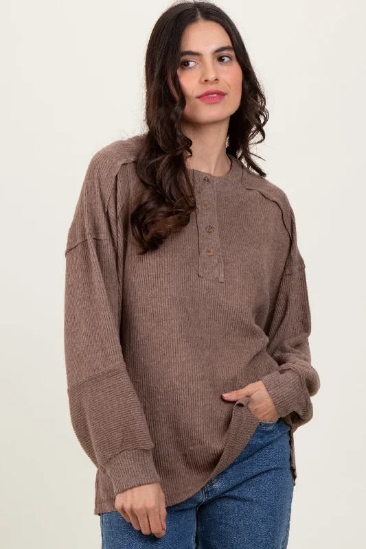 French Style Mocha Oversized Ribbed Knit Henley Sweater