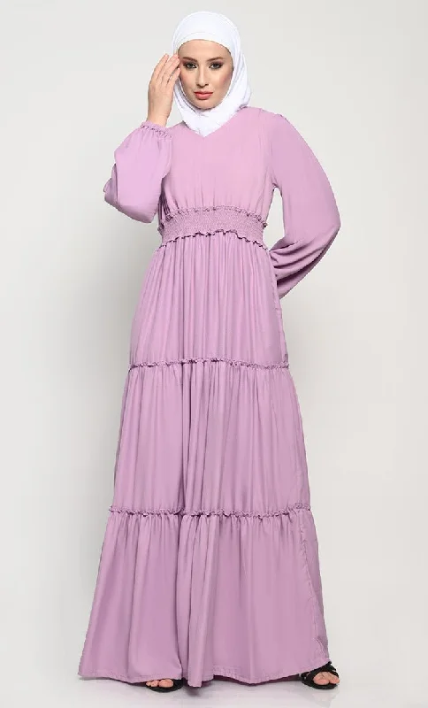 Relaxed Fit Stylish Summer Cool Fabric Layered Abaya with V-Neck and Crepe Lining
