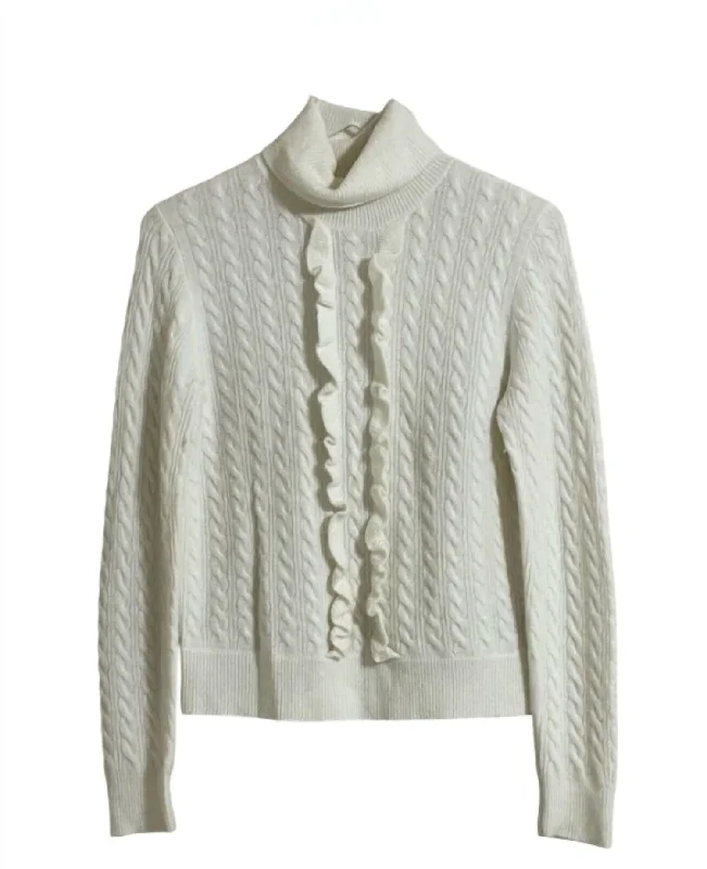 Cozy Chic Women's Supersoft Ruffle Front Turtleneck Wool Blend Sweater In Ivory