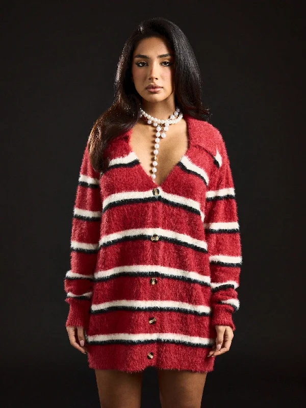 Fashionable Items SUMWON WOMEN Oversized Fluffy Knit Cardigan With Stripe Print