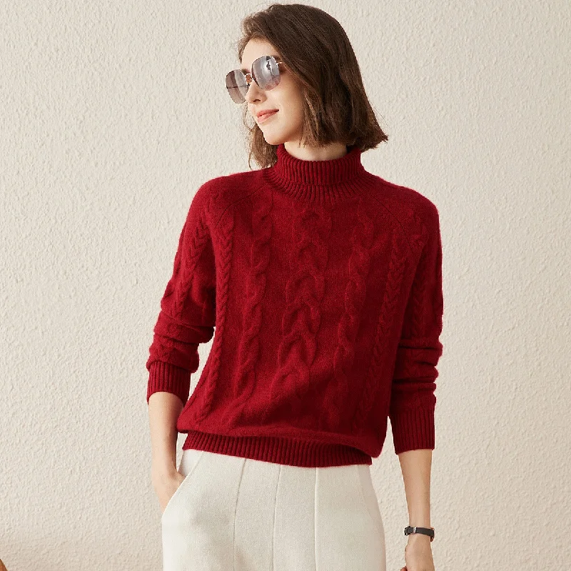 Comfortable And Casual 100% Cashmere Womens Turtleneck Cable Knit Sweater