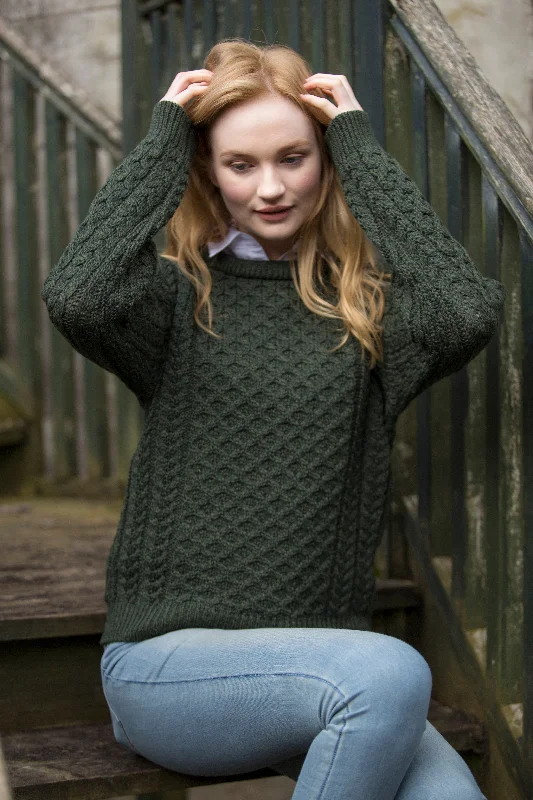 Letter embroidery Traditional Women's Aran Sweater Super Soft-Green