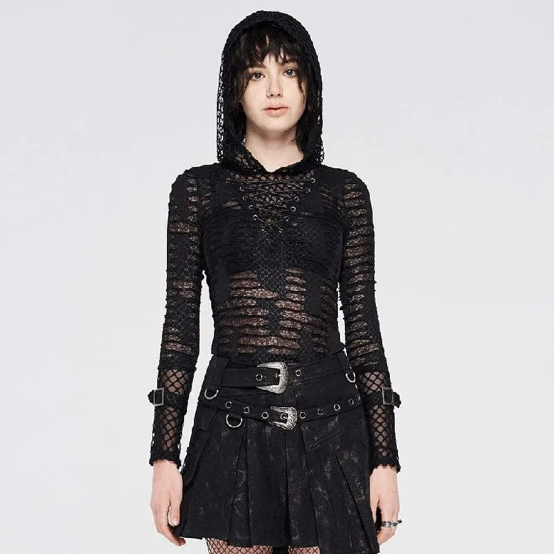 Trendy Traveler Women's Gothic Net Ripped Mesh Strappy Hoodies