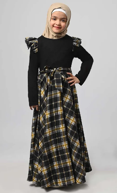 Comfortable Mind Girl Modest Muslim Check Printed Abaya With Loose Belt