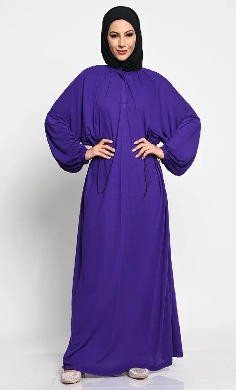 Sports suit style Polyester Viscose Jersey A-Line Abaya with Bishop Sleeves and Adjustable Waist Sports suit style Polyester Viscose Jersey A-Line Abaya with Bishop Sleeves and Adjustable Waist