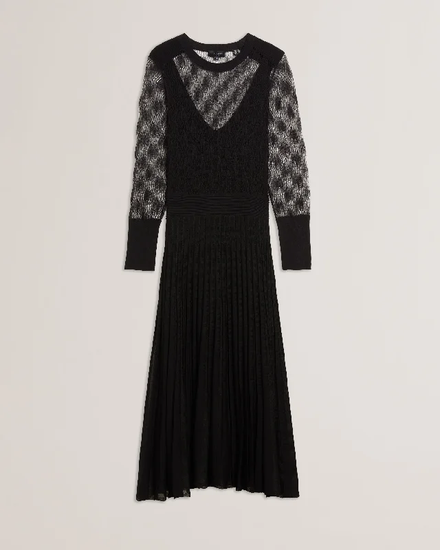 Sports Comfort Style Tiimara Pointelle Long Sleeve Knit Midi Dress Black