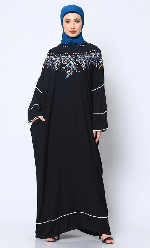Soft And Comfortable Royal Elegance: Women's Black Kaftan with Embroidery and Foil Mirror Work Soft And Comfortable Royal Elegance: Women's Black Kaftan with Embroidery and Foil Mirror Work