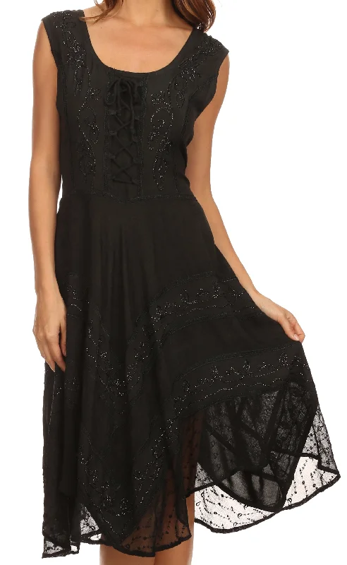 High-end Customization Sakkas Sundara Stonewashed Rayon Embroidered Mid Length Dress