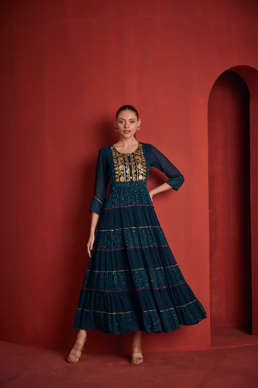 Classic Series Neeru's Womens Peacock Color Georgette Fabric Dress