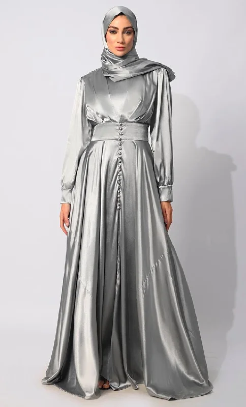 High Street Style Contemporary Couture: Grey Satin Flared Abaya with front Pleating and show Buttons High Street Style Contemporary Couture: Grey Satin Flared Abaya with front Pleating and show Buttons