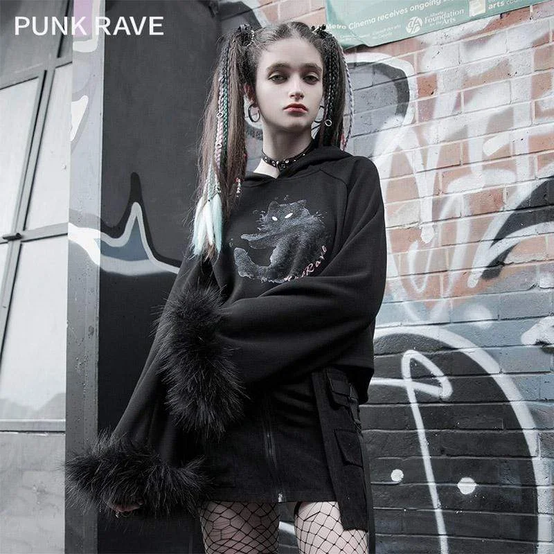 Innovative Design Women's Lolita Cat Printed Faux Fux Sleeved Sweaters With Cat Ears Hood Innovative Design Women's Lolita Cat Printed Faux Fux Sleeved Sweaters With Cat Ears Hood