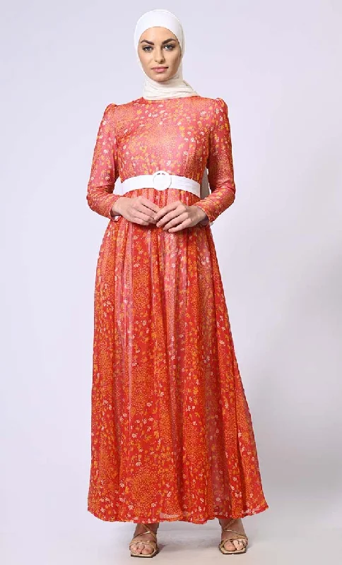 Elegant Classic Sunset Splendor: Women's Printed Abaya with Belt and Hijab