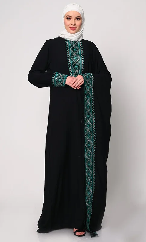 Single-shoulder Neck Design Graceful Machine Embroidered Black Kaftan Abaya with Pockets Single-shoulder Neck Design Graceful Machine Embroidered Black Kaftan Abaya with Pockets