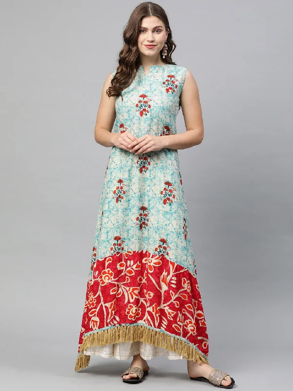 Fashion Innovation Neeru's Blue & Red Printed Anarkali Kurta